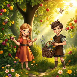 A charming medieval scene set in a lush, vibrant forest, featuring two adorable medieval children happily collecting fruits and flowers