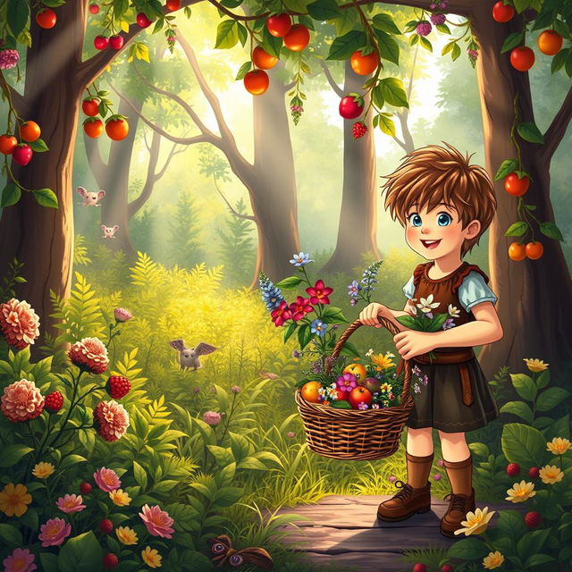 A charming medieval scene set in a lush, vibrant forest, featuring two adorable medieval children happily collecting fruits and flowers