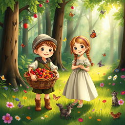 A whimsical scene set in a lush, vibrant forest during medieval times