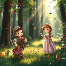 A whimsical scene set in a lush, vibrant forest during medieval times