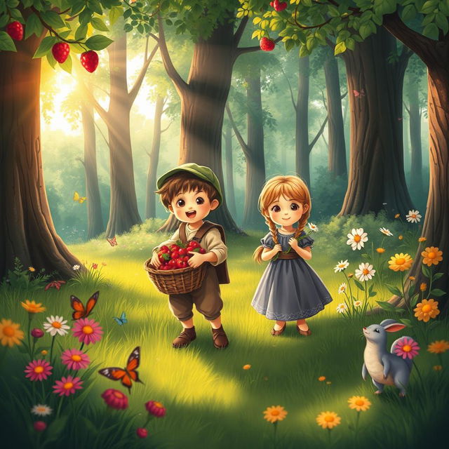 A whimsical scene set in a lush, vibrant forest during medieval times