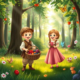 A whimsical scene set in a lush, vibrant forest during medieval times