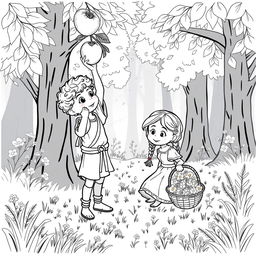 A charming black and white illustration of a whimsical medieval forest setting