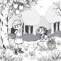 A charming black and white illustration of a whimsical medieval forest setting