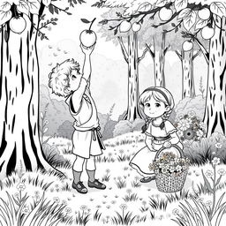 A charming black and white illustration of a whimsical medieval forest setting