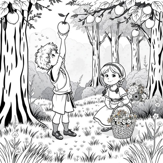 A charming black and white illustration of a whimsical medieval forest setting