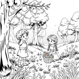 A charming black and white illustration of a whimsical medieval forest setting