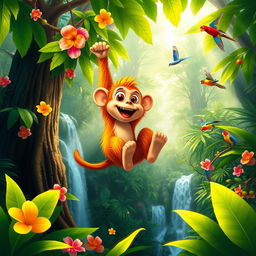 A fantastical scene depicting a colorful, vibrant monkey swinging joyously through a lush rainforest