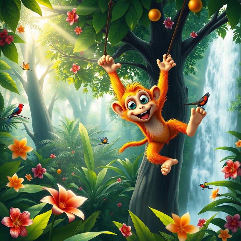 A fantastical scene depicting a colorful, vibrant monkey swinging joyously through a lush rainforest