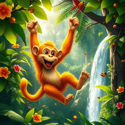 A fantastical scene depicting a colorful, vibrant monkey swinging joyously through a lush rainforest