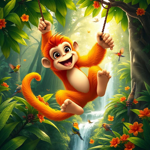 A fantastical scene depicting a colorful, vibrant monkey swinging joyously through a lush rainforest