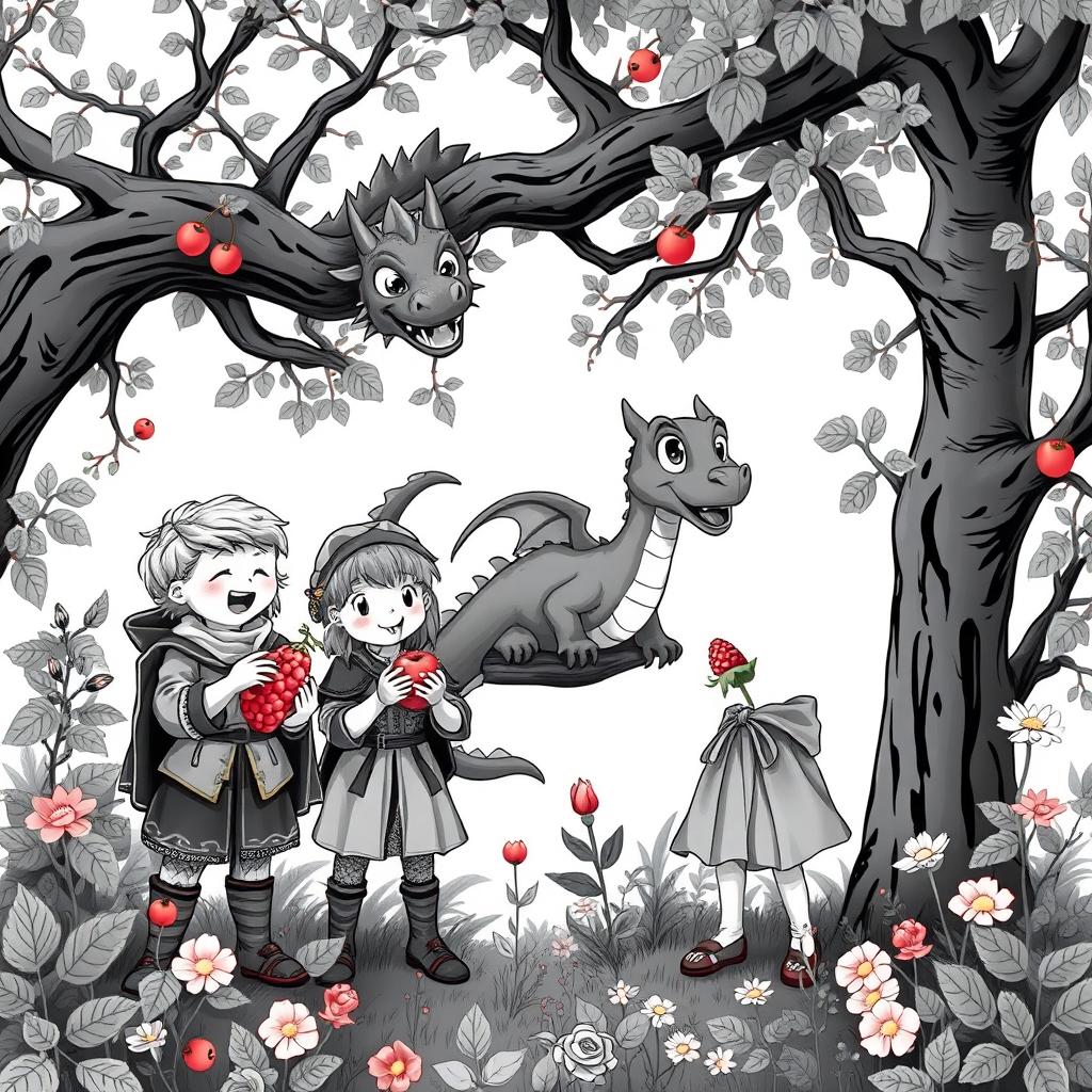 A whimsical medieval forest scene in black and white, featuring two adorable medieval children joyfully collecting fruits and flowers