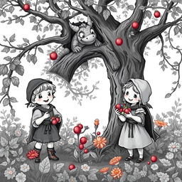 A whimsical medieval forest scene in black and white, featuring two adorable medieval children joyfully collecting fruits and flowers