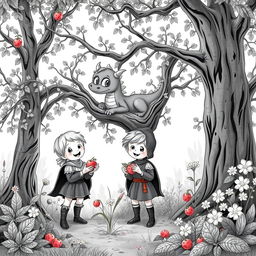 A whimsical medieval forest scene in black and white, featuring two adorable medieval children joyfully collecting fruits and flowers