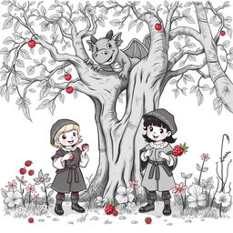 A whimsical medieval forest scene in black and white, featuring two adorable medieval children joyfully collecting fruits and flowers