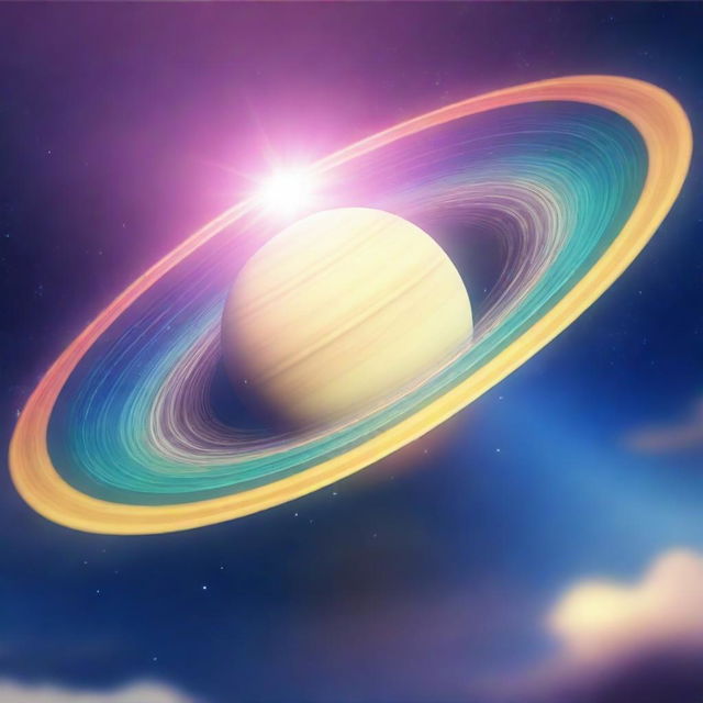 A high-quality digital art piece, rendered in vibrant anime style, featuring light rays piercing through the ring system of Saturn