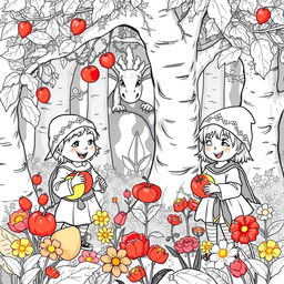 A whimsical and enchanting medieval forest scene featuring two adorable medieval children cheerfully collecting colorful fruits and vibrant flowers