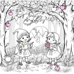 A whimsical and enchanting medieval forest scene featuring two adorable medieval children cheerfully collecting colorful fruits and vibrant flowers