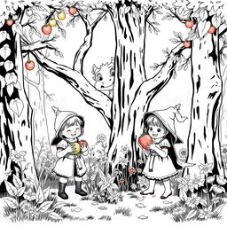 A whimsical and enchanting medieval forest scene featuring two adorable medieval children cheerfully collecting colorful fruits and vibrant flowers