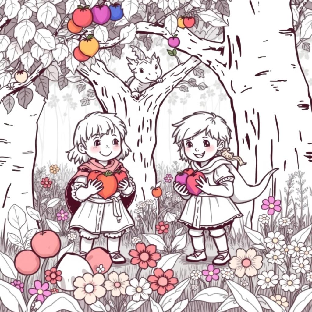 A whimsical and enchanting medieval forest scene featuring two adorable medieval children cheerfully collecting colorful fruits and vibrant flowers