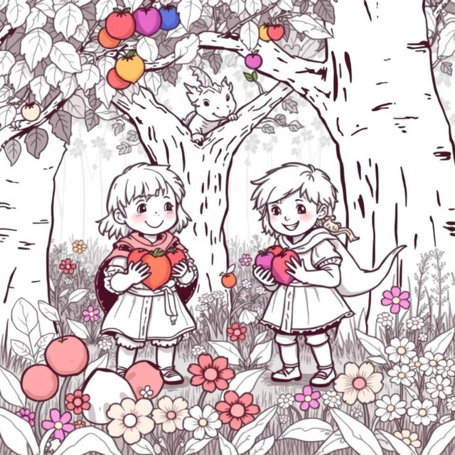 A whimsical and enchanting medieval forest scene featuring two adorable medieval children cheerfully collecting colorful fruits and vibrant flowers