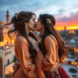 A passionate and romantic scene featuring two beautiful Iranian girls sharing a tender kiss
