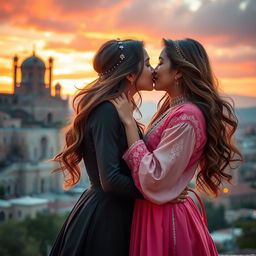 A passionate and romantic scene featuring two beautiful Iranian girls sharing a tender kiss