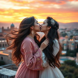 A passionate and romantic scene featuring two beautiful Iranian girls sharing a tender kiss
