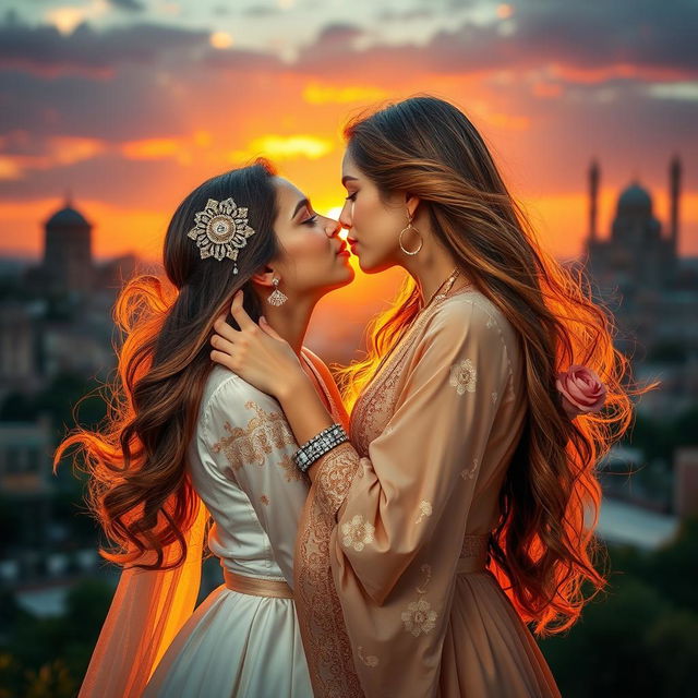 A passionate and romantic scene featuring two beautiful Iranian girls sharing a tender kiss