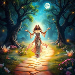 A mystical and enchanting scene representing a sacred feminine journey, filled with vibrant colors and ethereal light