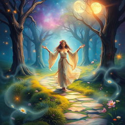 A mystical and enchanting scene representing a sacred feminine journey, filled with vibrant colors and ethereal light