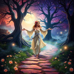 A mystical and enchanting scene representing a sacred feminine journey, filled with vibrant colors and ethereal light