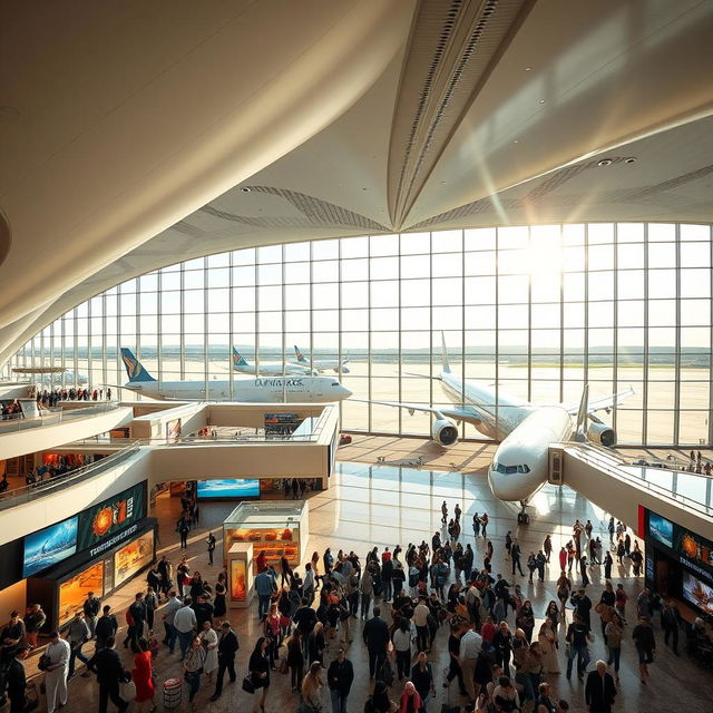 A stunning view of Dubai International Airport, showcasing its futuristic architecture and luxurious design, with multiple jet bridges connecting to elegant aircrafts parked at the gates