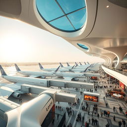 A stunning view of Dubai International Airport, showcasing its futuristic architecture and luxurious design, with multiple jet bridges connecting to elegant aircrafts parked at the gates