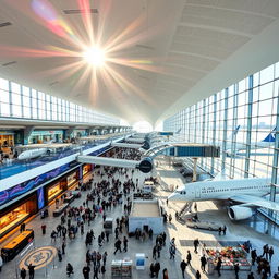 A stunning view of Dubai International Airport, showcasing its futuristic architecture and luxurious design, with multiple jet bridges connecting to elegant aircrafts parked at the gates