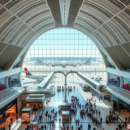 A stunning view of Dubai International Airport, showcasing its futuristic architecture and luxurious design, with multiple jet bridges connecting to elegant aircrafts parked at the gates