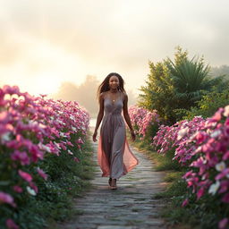 A mystical scene representing the theme of sacred feminine journey, featuring a beautiful pathway lined with vibrant flowers in full bloom, symbolizing transformation and spiritual rebirth