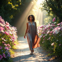 A mystical scene representing the theme of sacred feminine journey, featuring a beautiful pathway lined with vibrant flowers in full bloom, symbolizing transformation and spiritual rebirth