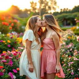 A romantic scene depicting two beautiful young women kissing in a lush garden filled with vibrant flowers and greenery