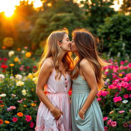 A romantic scene depicting two beautiful young women kissing in a lush garden filled with vibrant flowers and greenery