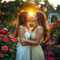 A romantic scene depicting two beautiful young women kissing in a lush garden filled with vibrant flowers and greenery