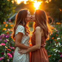 A romantic scene depicting two beautiful young women kissing in a lush garden filled with vibrant flowers and greenery