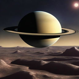 A digital art piece in the style of an album cover, presenting a daylight view of Saturn as seen from a nearby planet