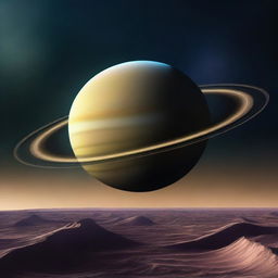 A digital art piece in the style of an album cover, presenting a daylight view of Saturn as seen from a nearby planet