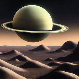 A digital art piece in the style of an album cover, presenting a daylight view of Saturn as seen from a nearby planet