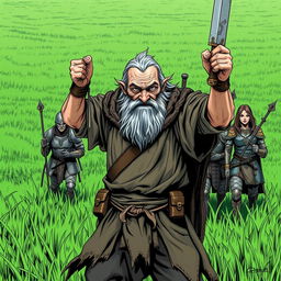 An old, crooked, and beaten-up man, characterized by deep wrinkles and a weathered face, stands confidently at the forefront, leading the Stuweth dynasty into battle