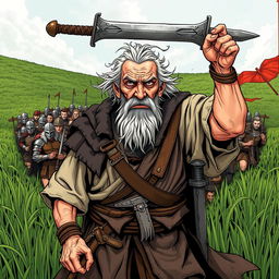 An old, crooked, and beaten-up man, characterized by deep wrinkles and a weathered face, stands confidently at the forefront, leading the Stuweth dynasty into battle