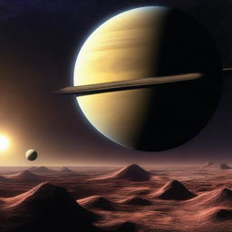 A digital art piece in the style of an album cover, presenting a daylight view of Saturn as seen from a nearby planet