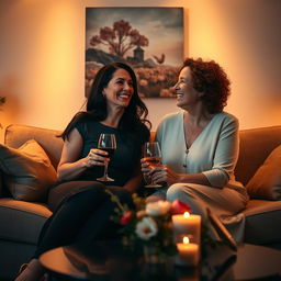 A romantic and intimate scene between two mature women in a cozy living room setting, softly lit by warm, ambient light