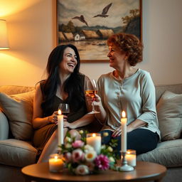 A romantic and intimate scene between two mature women in a cozy living room setting, softly lit by warm, ambient light